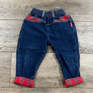Vintage 80s OshKosh Plaid Trim Denim Jeans Pants - Toddler Size 3T